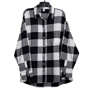 Old Navy Top Womens XXL Black‎ White Buffalo Plaid Flannel Button-Up Boyfriend